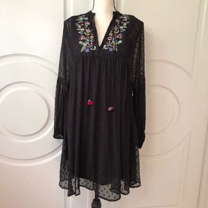 Zara Embroidered Dot Mesh Dress Boho Flowy
